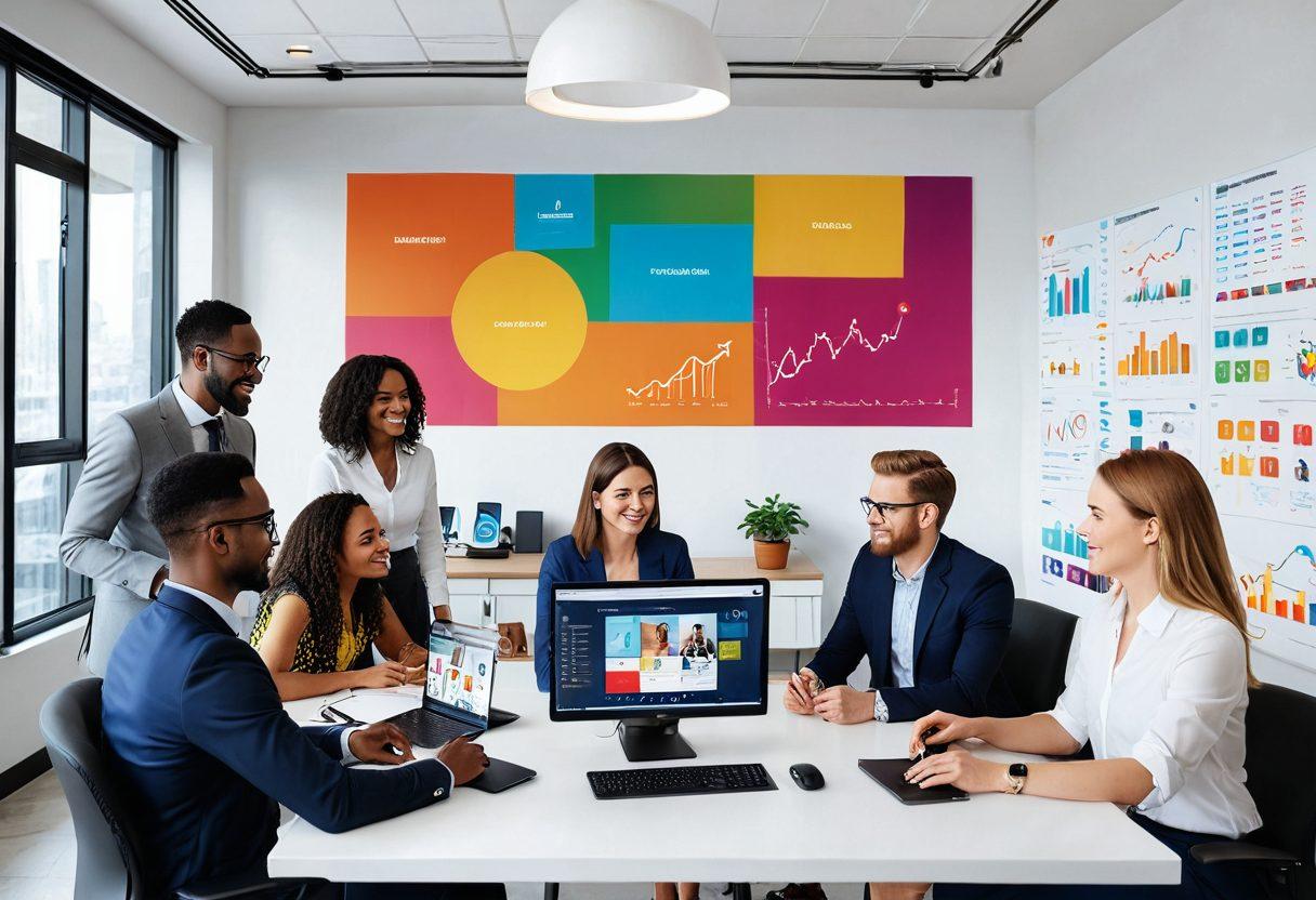 A diverse group of professionals engaging in a vibrant digital workspace, showcasing interaction through video calls and chat interfaces. Include elements like graphs and charts symbolizing growth in customer engagement. Bright colors to evoke a sense of connectivity and teamwork, with tech gadgets visible in the environment. super-realistic. vibrant colors. modern design.